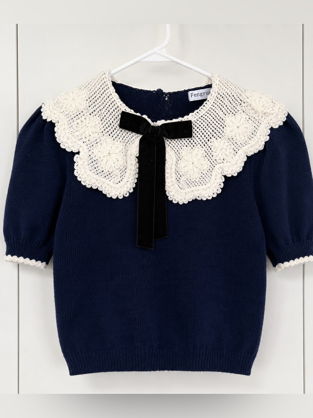 Navy Knit Top with Lace Peter Pan Collar